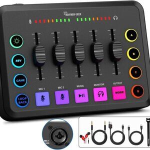 Gaming Audio Mixer for Streaming, Streaming RGB PC Mixer with XLR Microphone